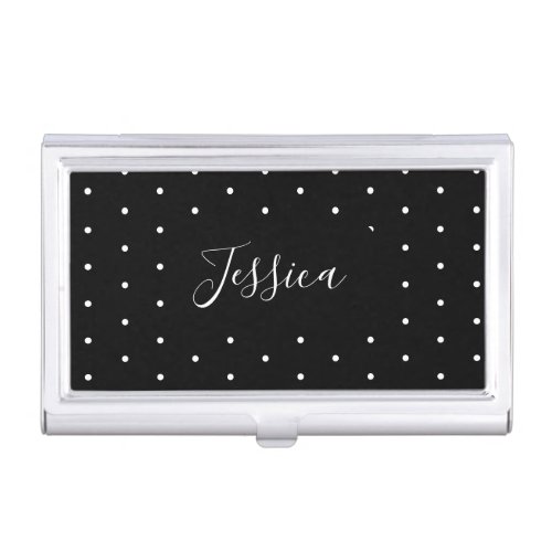  Preppy Black and White Tiny Polka Dots Pattern Business Card Case