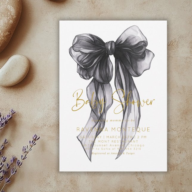 Preppy Black Bow Clean Personalized Baby Shower  Invitation (Creator Uploaded)