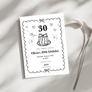 preppy black Coquette bow 30th birthday Invitation