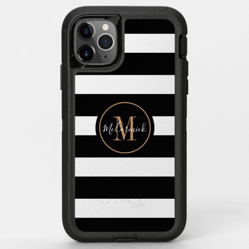 Preppy Black Gold Chic Script Stripes Monogram OtterBox Defender iPhone 11 Pro Max Case