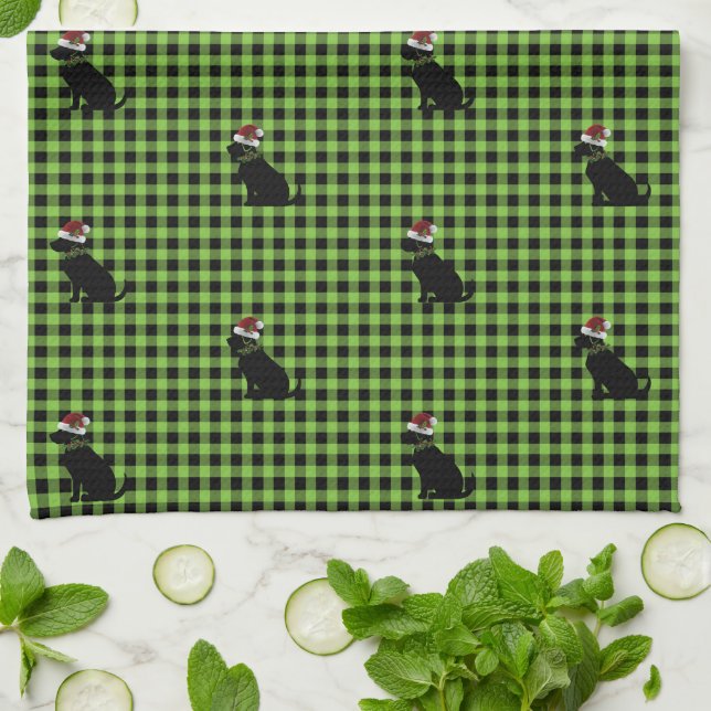 Preppy Black Lab Christmas Pattern Green Gingham Kitchen Towel (Folded)