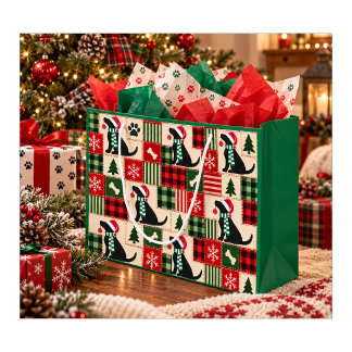 Preppy Black Lab Dog-Themed Christmas Patchwork Large Gift Bag