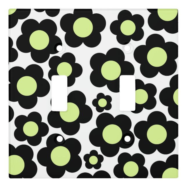 Preppy Black Neon Green Hippie Flower Pattern Light Switch Cover (Front)