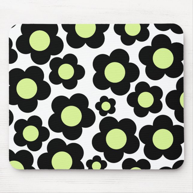 Preppy Black Neon Green Hippie Flower Pattern Mouse Pad (Front)