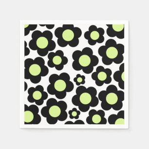 Preppy Black Neon Green Hippie Flower Pattern Napkins