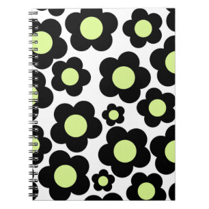 Preppy Black Neon Green Hippie Flower Pattern Notebook