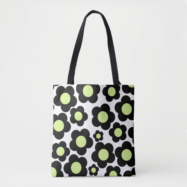 Preppy Black Neon Green Hippie Flower Pattern Tote Bag (Front)