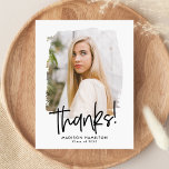 Preppy Black Script Photo Graduation Thank You Postcard<br><div class="desc">Trendy, modern graduation thank you postcard featuring the graduate's photo inside of a textured mask frame with "Thanks!" in a black handwritten script. Personalize the front of the graduation thank you postcard by adding the graduate's name and graduation year. The postcard reverses to display your return address and custom message....</div>