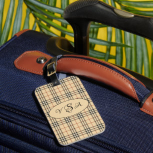 Preppy Black Tan Plaid Monogram Personalized Luggage Tag
