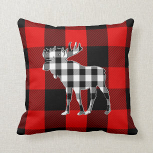 Preppy Black White Red Buffalo Check Moose Throw Pillow