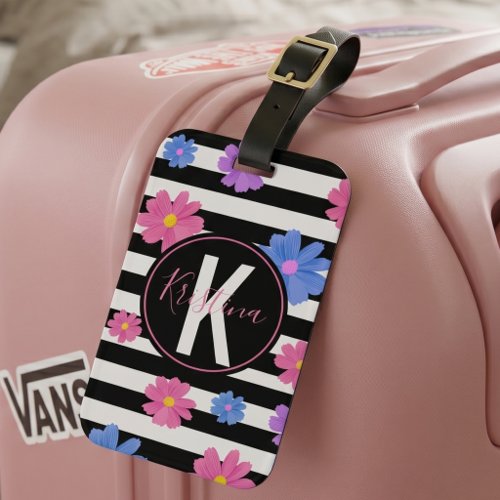 Preppy Black White Striped Pink Blue Floral Luggage Tag