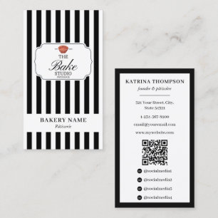 Preppy Black White Stripes Bakery Logo QR Code Business Card