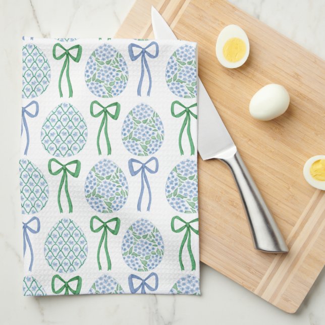 Preppy Blue and Green Easter Bows and Eggs Kitchen Towel (Quarter Fold)