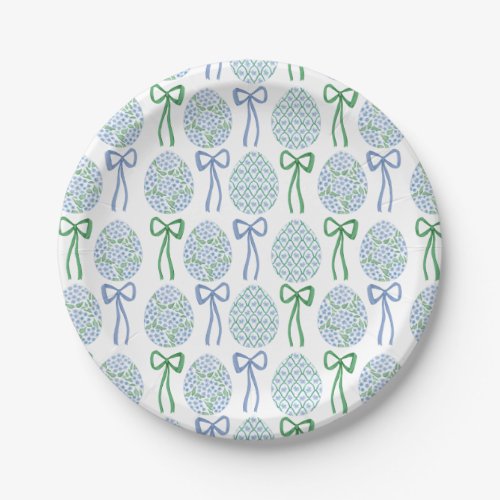 Preppy Blue and Green Easter Bows and Eggs Paper Plates