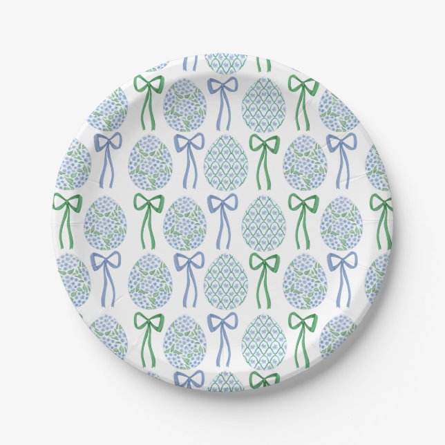 Preppy Blue and Green Easter Bows and Eggs Paper Plates (Front)
