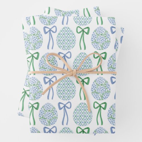 Preppy Blue and Green Easter Bows and Eggs Wrapping Paper Sheets