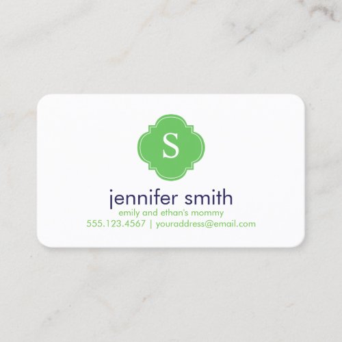 Blue Green Quatrefoil Monogram Stripes Pattern Business Card Template