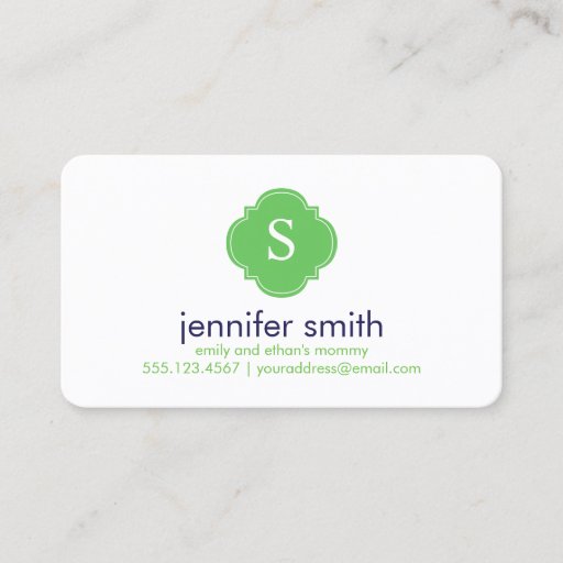 Customizable Blue Green Quatrefoil Monogram Stripes Pattern Business Card Template