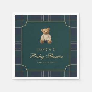 Preppy Blue and Green Plaid Teddy Bear Baby Shower Napkins