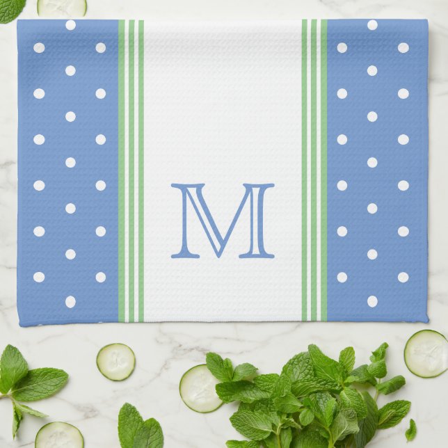 Preppy Blue and Green Polka Dot Monogram Kitchen Towel (Folded)