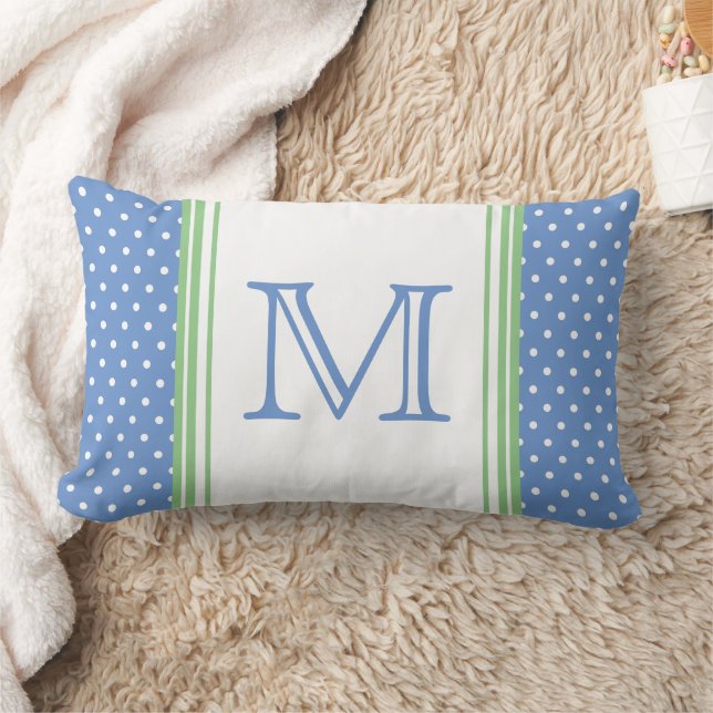 Preppy Blue and Green Polka Dot Monogram Lumbar Pillow (Blanket)