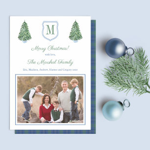 Preppy Blue And Green Tartan Christmas Tree Photo Holiday Card