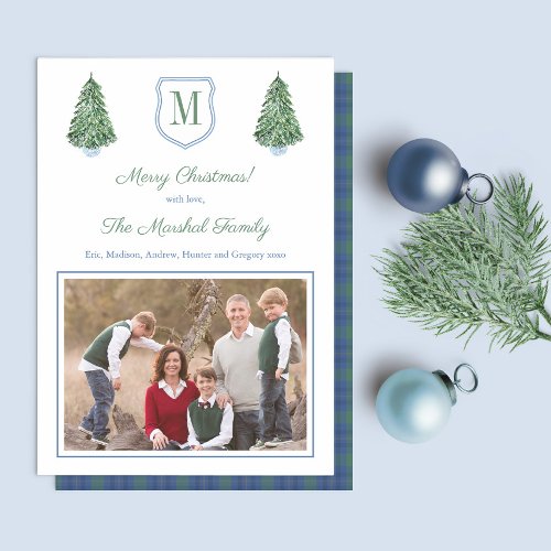 Preppy Blue And Green Tartan Christmas Tree Photo Holiday Card