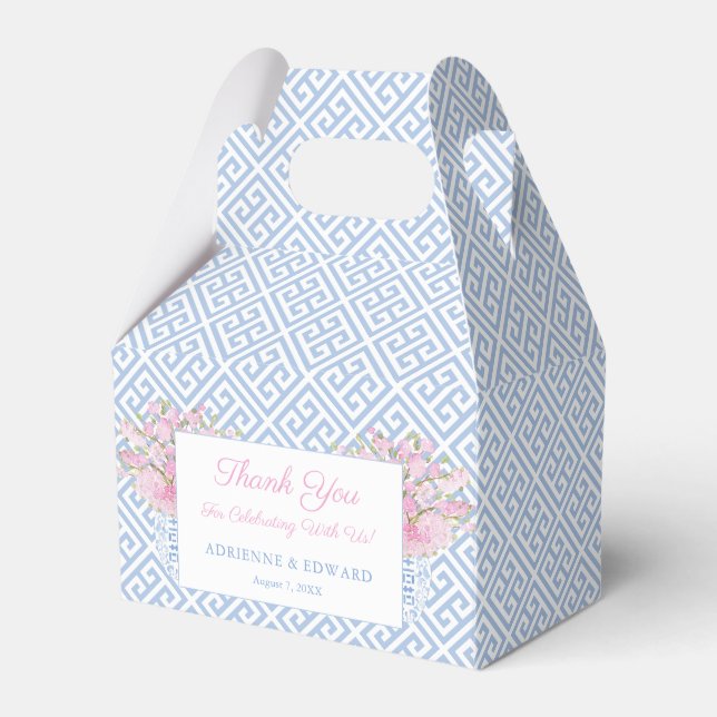 Preppy Blue And Pink Chinoiserie Chic Wedding Favor Boxes (Front Side)
