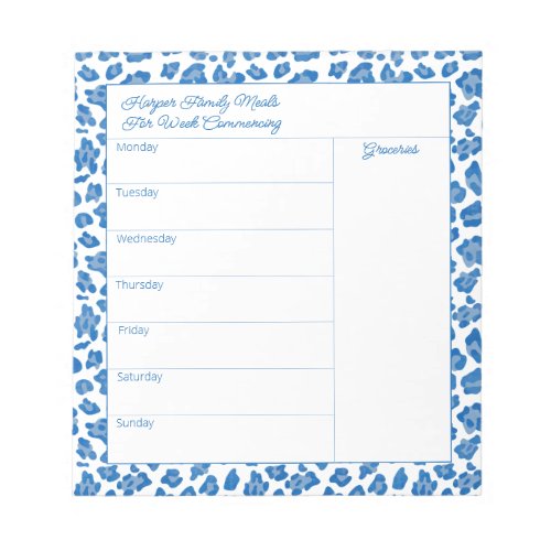 Preppy Blue And White Animal Print Meal Planner Notepad