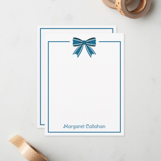 Preppy Blue and White Bow Personalized Note Card (Front/Back In Situ)