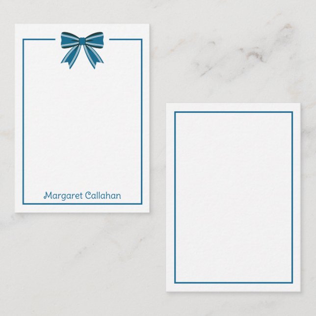 Preppy Blue and White Bow Personalized Note Card (Front/Back)