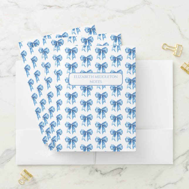 Preppy Blue and White Bows Personalized Pocket Folder (In Situ)