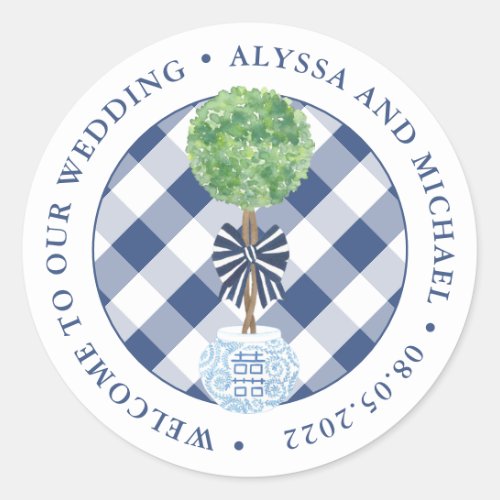 Preppy Blue And White Boxwood Wedding Welcome Classic Round Sticker - Watercolor Boxwood topiary in a ginger jar planter against a blue gingham background. All watercolor elements originally handpainted by me into 100% cotton paper before being scanned into digital form. PLEASE NOTE the text around the edge needs to be the same length as the sample to curve correctly. You might need to get creative! For example use the ampersand sign instead of "and" text. If your text is too short, maybe add additional spaces if necessary?