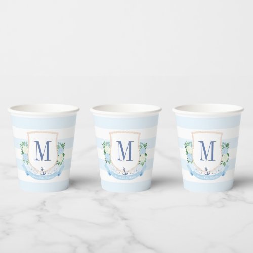 Preppy Blue And White Coastal Crest Baby Shower Paper Cups