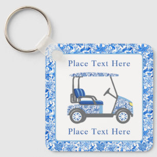 Preppy Blue and White Flowers Golf Cart Keychain