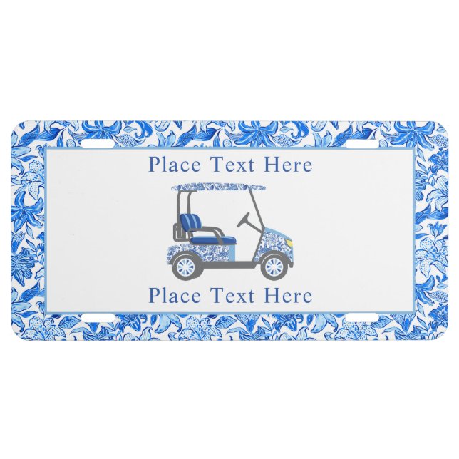 Preppy Blue and White Flowers Golf Cart License Plate (Front)