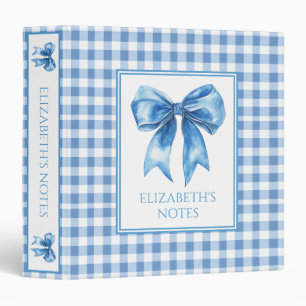Preppy Blue and White Gingham and Bow 3 Ring Binder