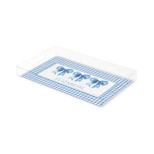 Preppy Blue and White Gingham and Bow Acrylic Tray