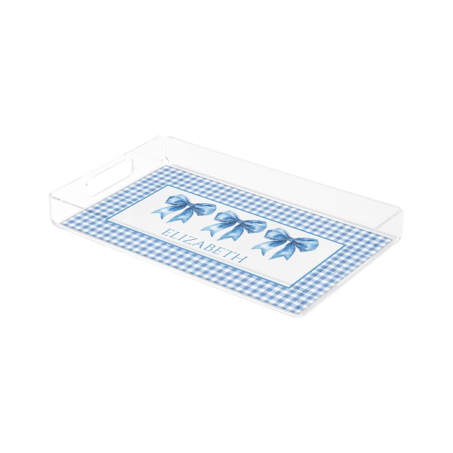 Preppy Blue and White Gingham and Bow Acrylic Tray (Angled)