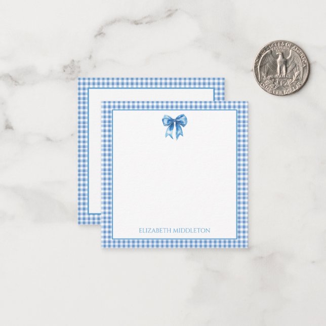 Preppy Blue and White Gingham and Bow Note Card (Front/Back In Situ)