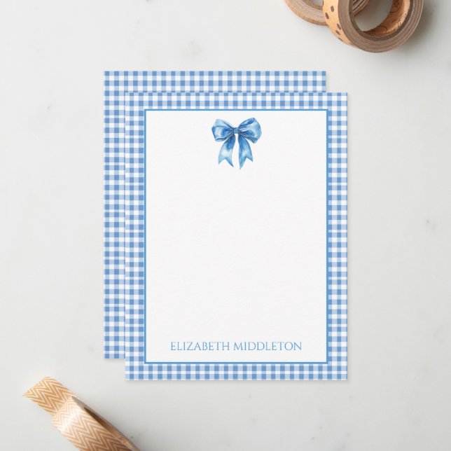 Preppy Blue and White Gingham and Bow Note Card (Front/Back In Situ)