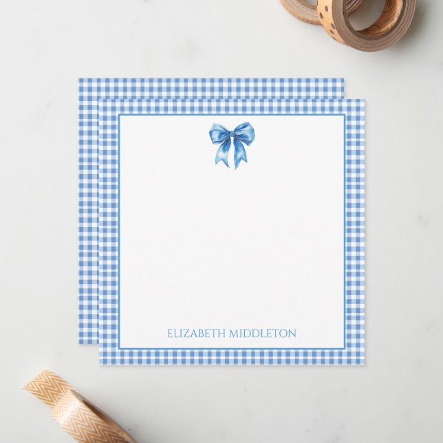 Preppy Blue and White Gingham and Bow Note Card (Front/Back In Situ)
