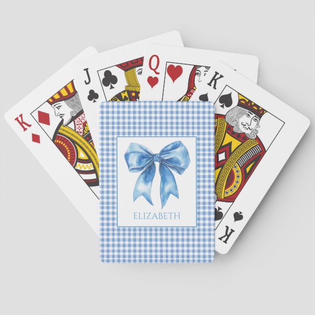 Preppy Blue and White Gingham and Bow Poker Cards (Back)
