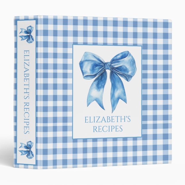 Preppy Blue and White Gingham and Bow Recipe 3 Ring Binder (Front/Spine)