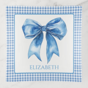 Preppy Blue and White Gingham and Bow Trinket Tray
