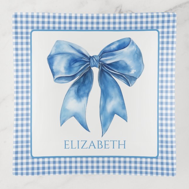 Preppy Blue and White Gingham and Bow Trinket Tray (Front)