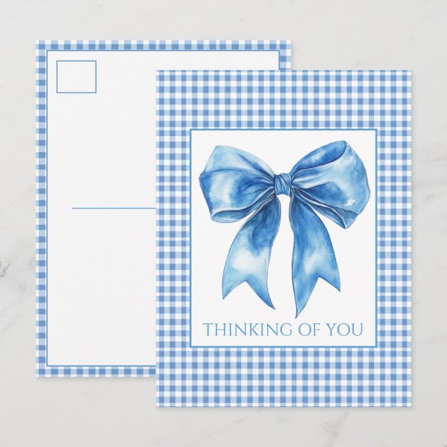 Preppy Blue and White Gingham Plaid and Bow Postcard (Front/Back)