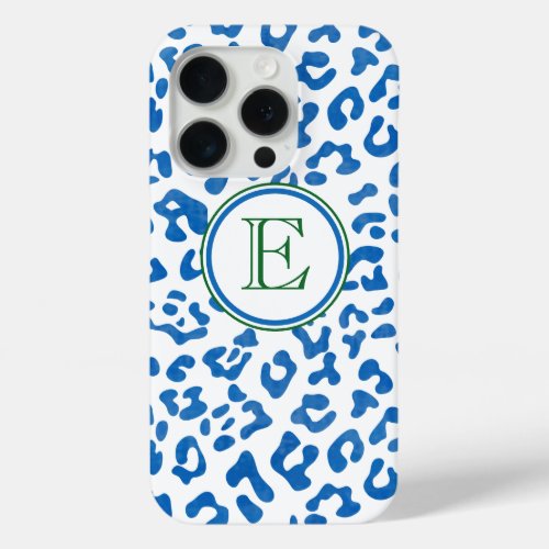 Preppy Blue And White Leopard Print Monogram iPhone 15 Pro Case