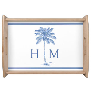 Preppy Blue and White Palm Palmetto Tree Monogram Serving Tray