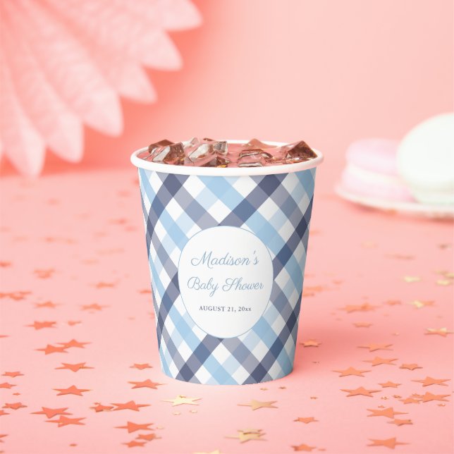 Preppy Blue And White Plaid Baby Shower Party Paper Cups (Insitu)